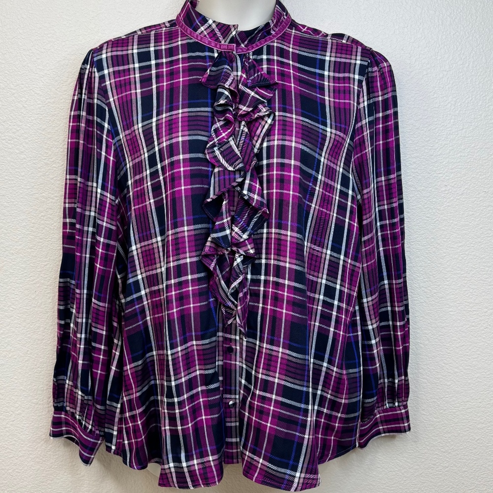 Chicos Fuchsia Blue Plaid Ruffle Placket Woven LS Button Blouse Top Plus 4 20 22